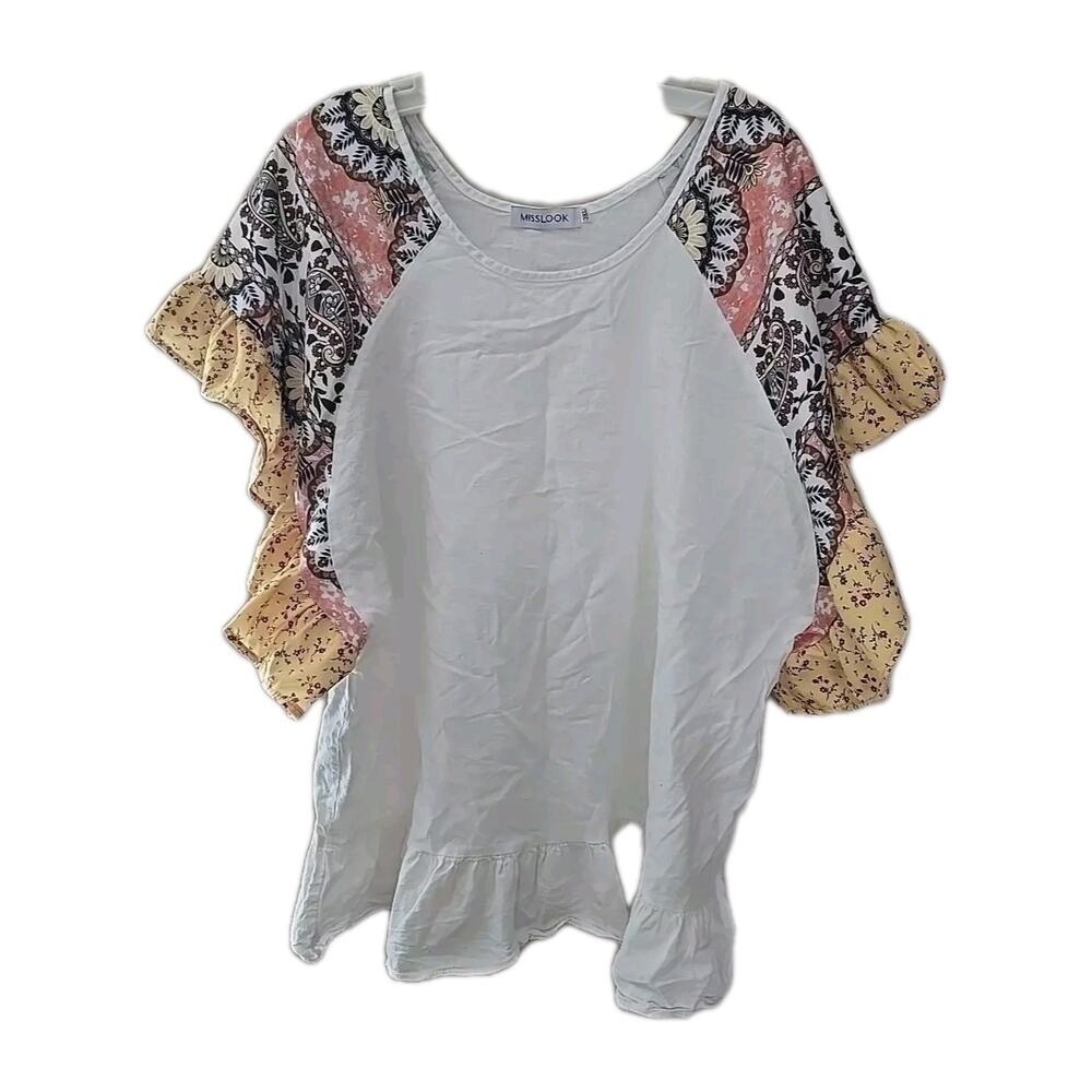 MissLook White Paisley Floral Linen Ruffle Short Sleeve Boho Top Womans Size 3XL